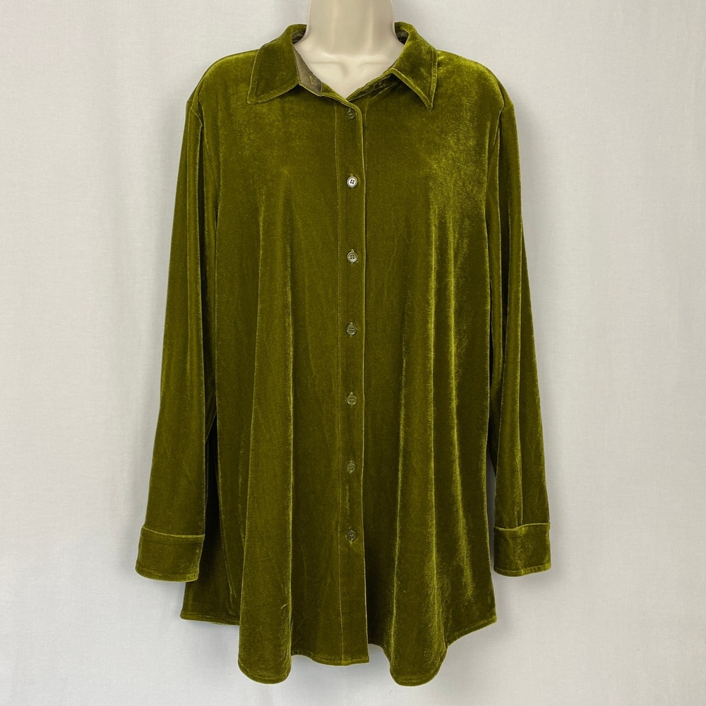 Soft Surroundings Stretch Velvet Button Up Top Large Green Earthy Holiday Tunic